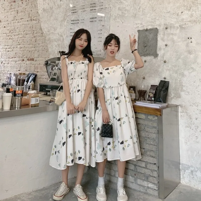 

A-line Dress Printing Square Neck Temperament Super Fairy High Waist Sweet Girlfriends and Sisters Pretend Medium Length Dress