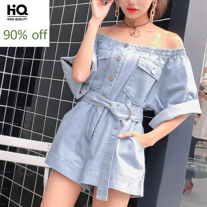 Джинсовые комбинезоны с поясом уличная одежда комбинезон открытыми плечами