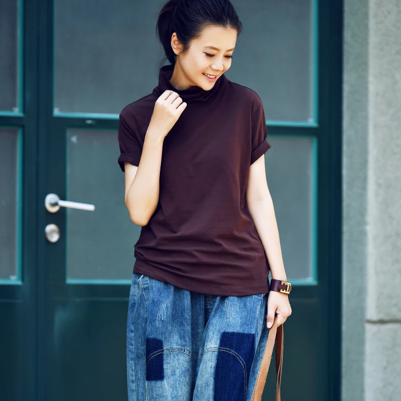 Женские однотонные футболки с коротким рукавом и высоким воротником MICOCO T191A |