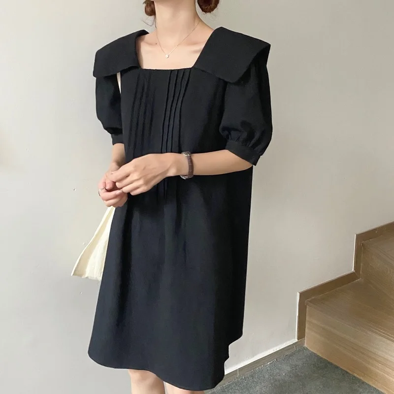 

KUSAHIKI Korean Folds High Waist Causal Dresses for Women Puff Sleeve Square Collar Dress Sweet A-line Vestidos De Mujer 6H617