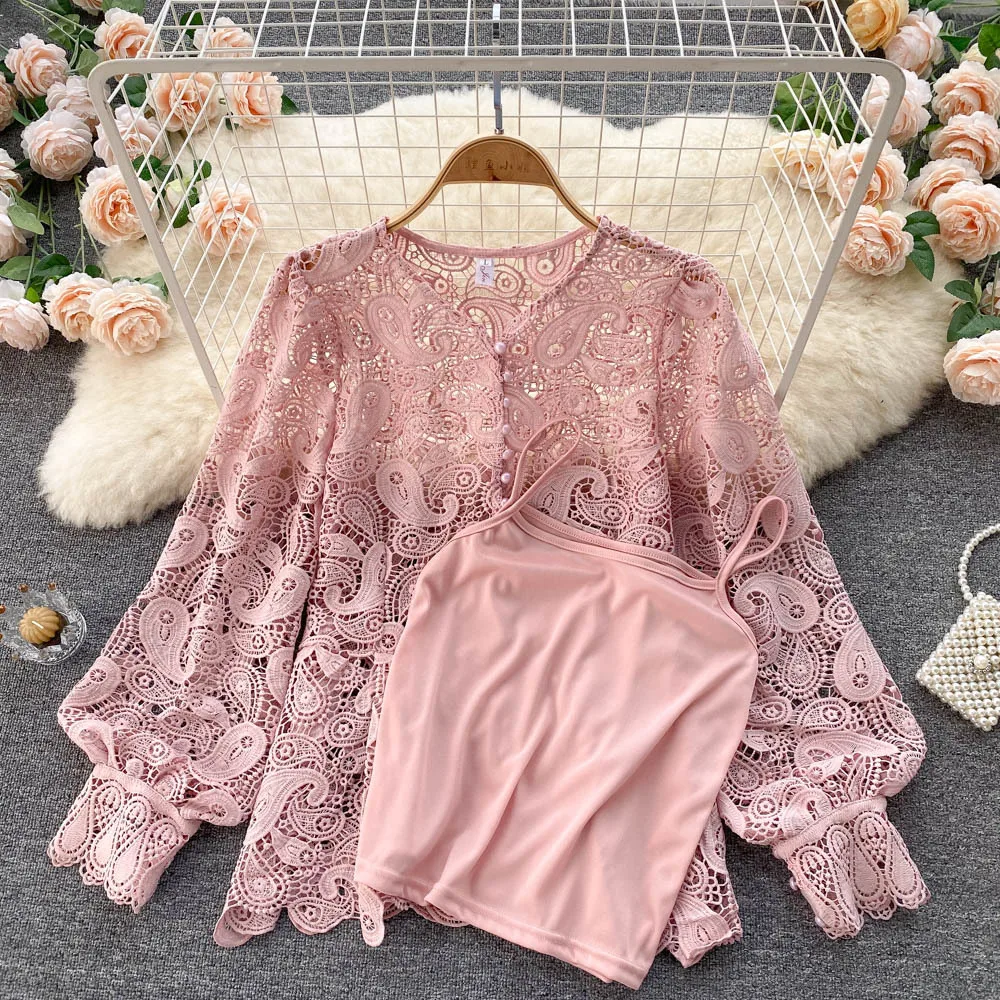 

Женская кружевная блузка с круглым вырезом, длинным рукавом и цветочным принтом