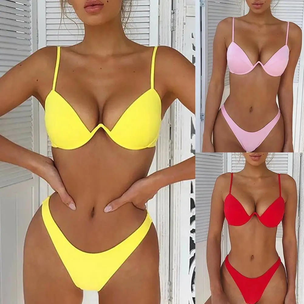 

Sexy swimming suit for women Solid Color Swimsuit Bra G-string Briefs Beach Bikini Set Women's Clothing 2021