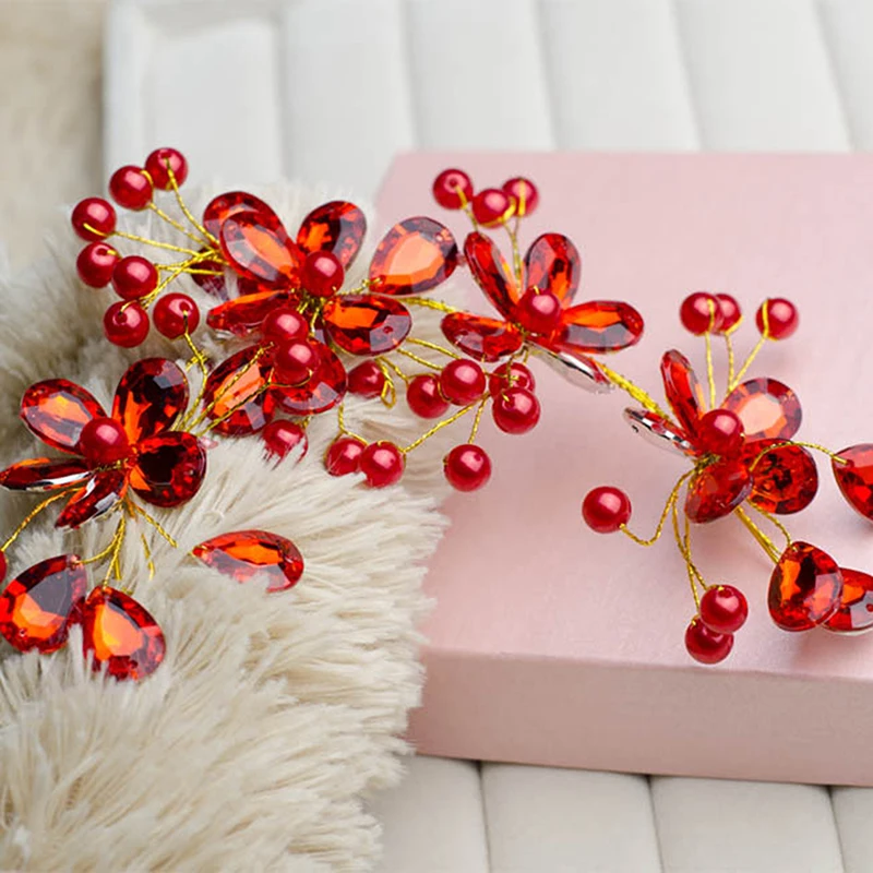 Модный Красный Кристалл бусины лентой Свадебные украшения для волос Средства по