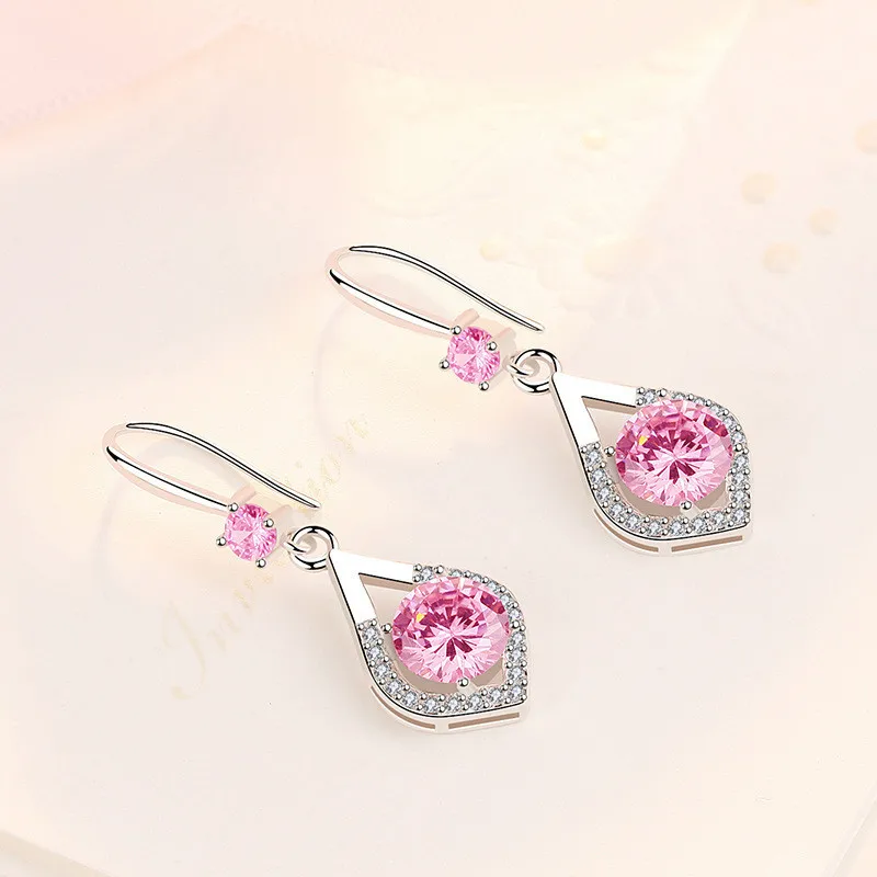 

Luxury Crystal Pink Water Drop Earrings Girl Bride Wedding Accessories New Top Silver 925 Women Earrings Jewelry Sisters Gift