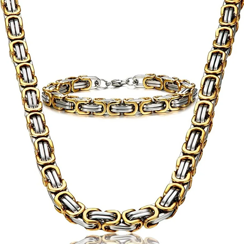 Stainless Steel Square Byzantine Necklace Bracelet Jewelry Set Men Basic Cubic 4MM6MM8MM Wide Gold Color Franco Curb Solid Chain