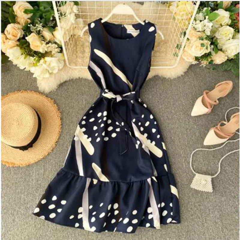 

Vintage Slim Floral Print Ruffle 2020 Summer Midi Dress Party Bandage Women Casual Tank Sundress High Waist Vestidos