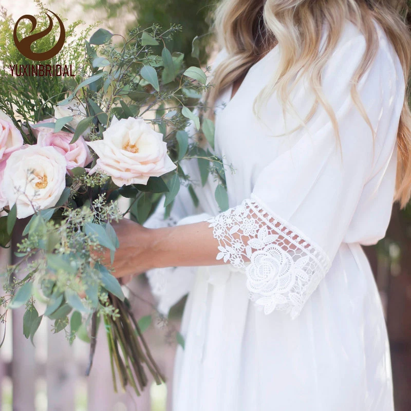 YUXINBRIDAL Rayon New Solid Cotton Kimono Robes With Lace Trim Women Wedding Bridal Robe Short Belt Bathrobe