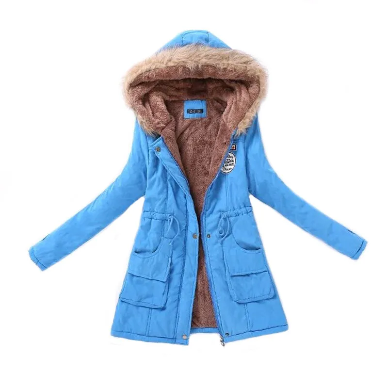 Lake blue Женская парка Модные осенние зимние теплые куртки Женский меховой воротник пальто длинные парки толстовки офисные женские хлопковые большие размеры - Цвет: Lake blue