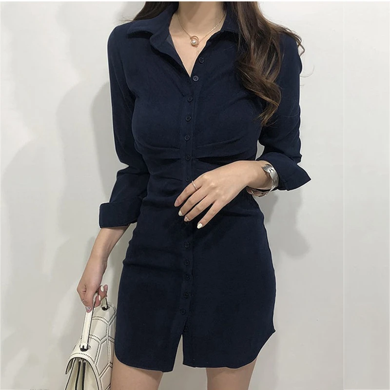 RealShe сексуальное мини-платье с отложным воротником длинным рукавом и пуговицами