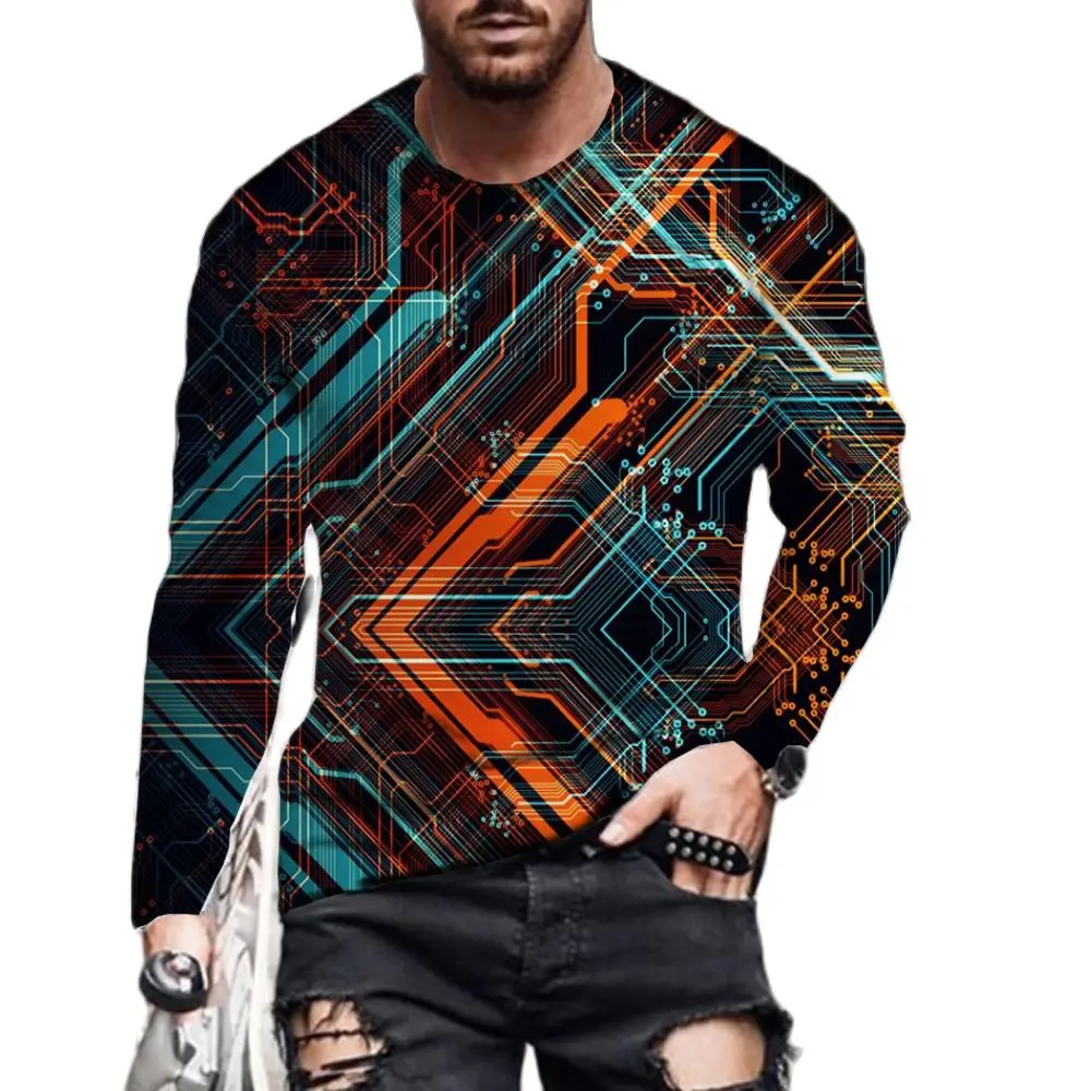 

3D Electronic Chip Long SleeveT-Shirt Fashion Street Hip Hop Casual O-Neck T-Shirts Blouse Unisex Comfortable Pullover Tops Tees