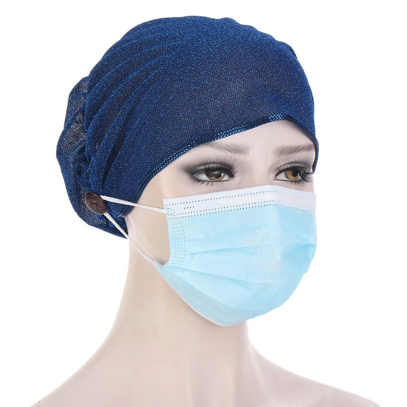 

Casual Women Bright Silk Turban Head Wrap Hat With Button Headwear Headscarf Bonnet Inner Hijabs Cap Muslim Hijab Chemo Hats