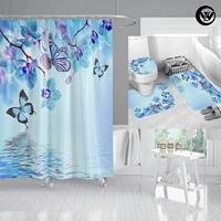 4pcs butterfly print 3d shower curtain waterproof polyester bathroom curtain anti slip bath mat set toilet rug carpet home decor