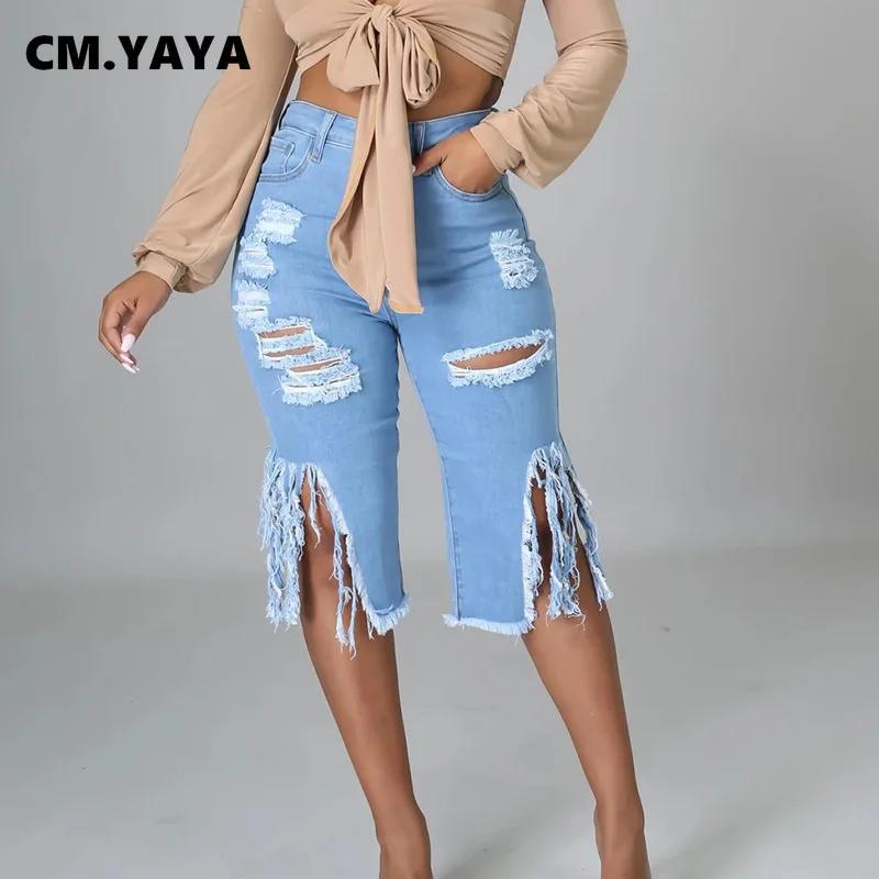 

CM.YAYA Women Jeans Hole Ripped Tassle Low Waist Elastic Flare Knee Length Denim Pants Sexy Fashion High Street Trousers 2021