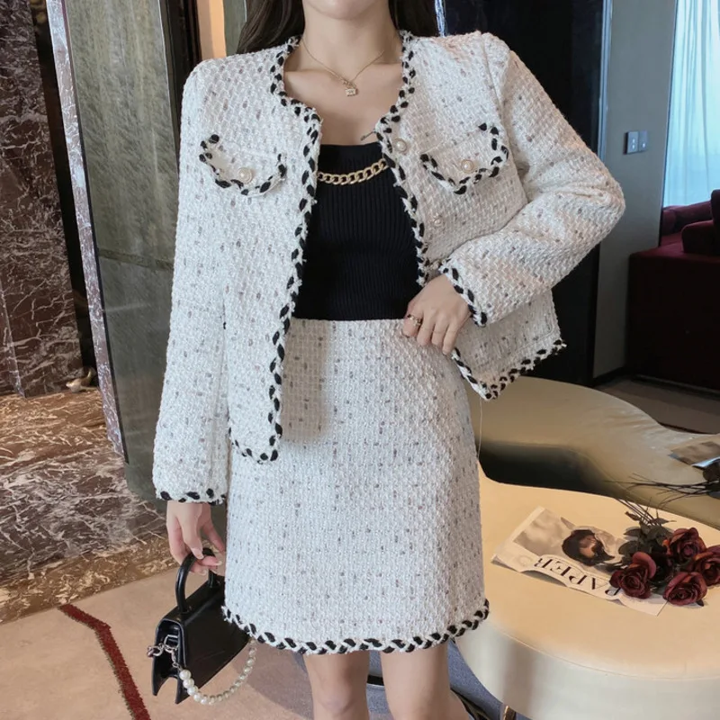 

Autumn Winter Small Fragrance Skirt Suits Women Crop Top Short Jacket Coat + Mini Skirts Sets Fashion Streetwear Two Piece Set