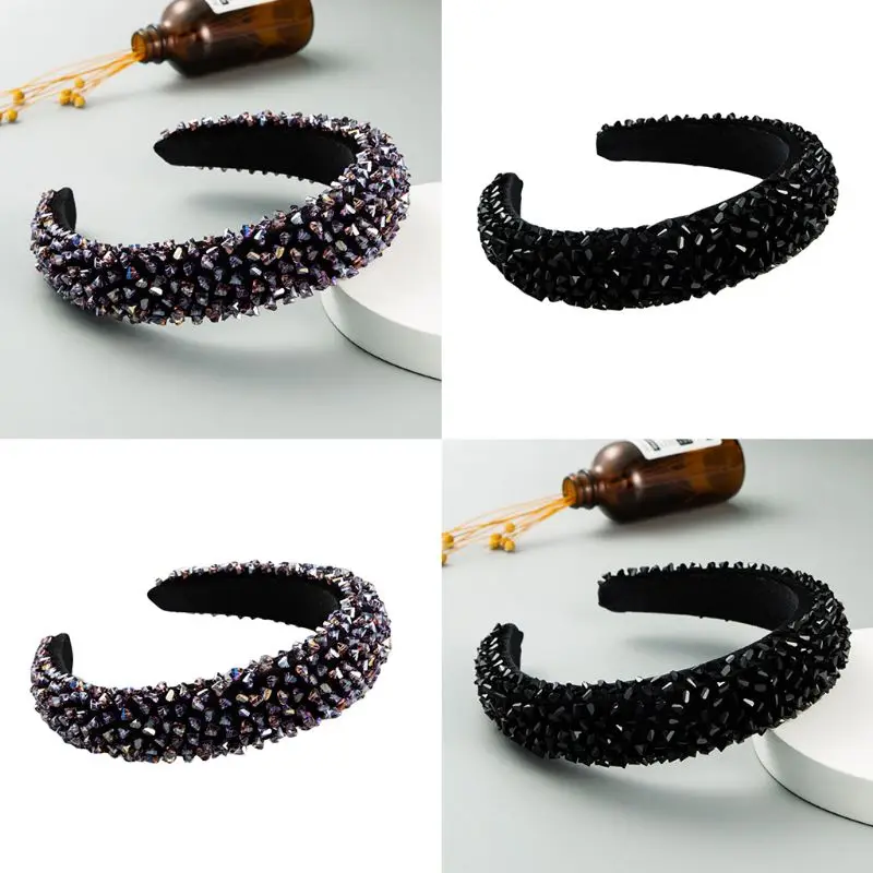 

Baroque Ladies Handmade Jewelry Headband Velvet Thick Sponge Wide Hair Hoop Colorful Shimmer Glass Beads Crystal Bandana