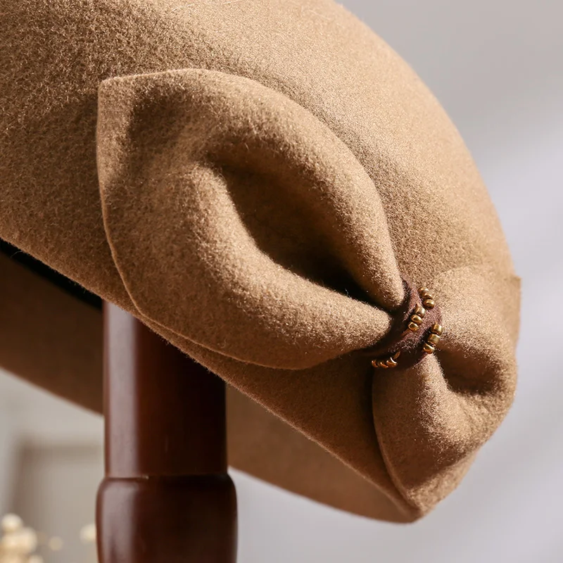 

[PTAH] Autumn Winter Women Beret French Artist 100% Australian Wool Beanie Hat Vintage Plain Beret Solid Color Elegant Lady Caps