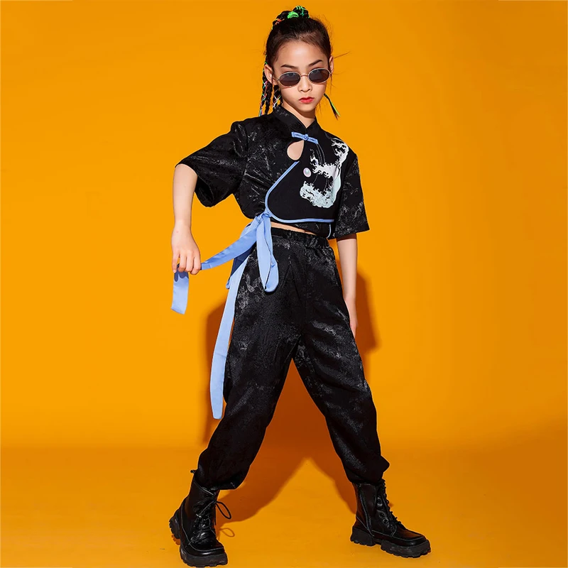

Black Cropped Top Wishful Buttons Chinese Style Pants Girls Clothing Kids Hip Hop Costumes for Girl Jazz Costume XS2034