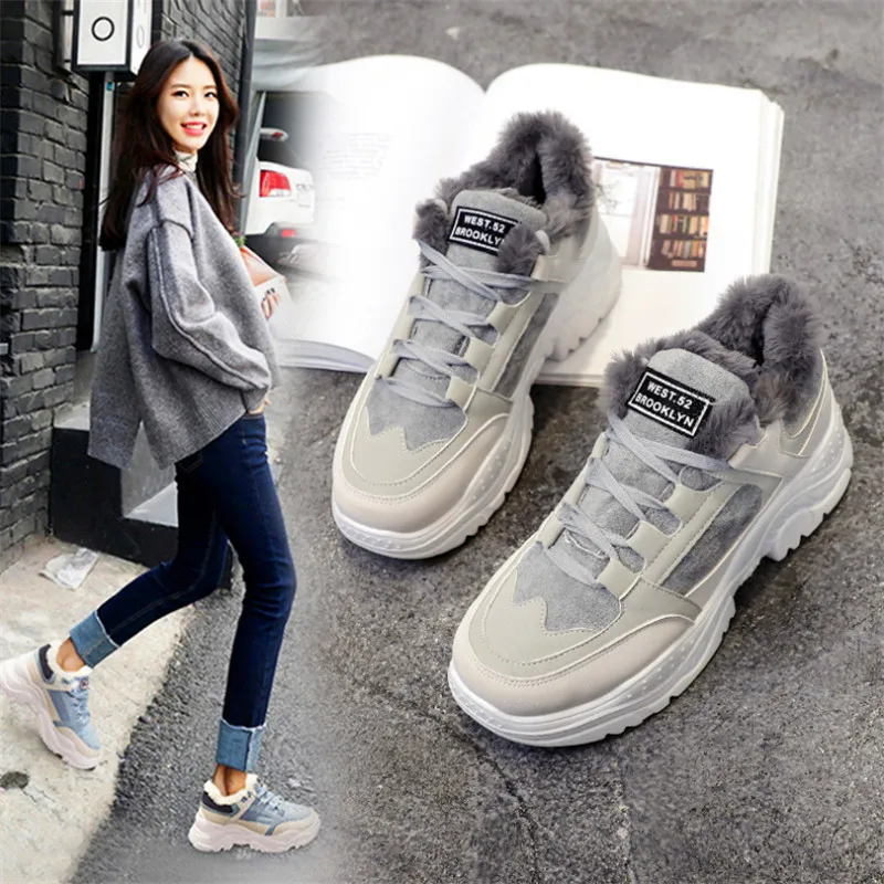 

Autumn and winter new thick bottom increase wild casual students breathable warm fashion lace women plus cashmere shoes