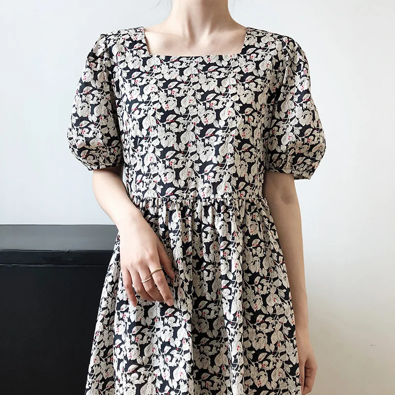 

Women Dress Square Neck Puff Sleeve Floral Dress Female Korean Summer Skirt Mujer Vestido Vacation Party big shirt dress