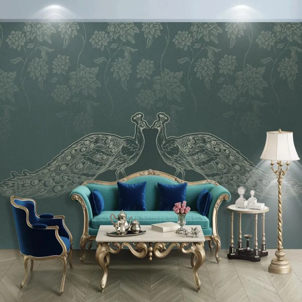 

milofi custom large wallpaper mural 3D peacock golden line flower blossom rich background wallpaper mural