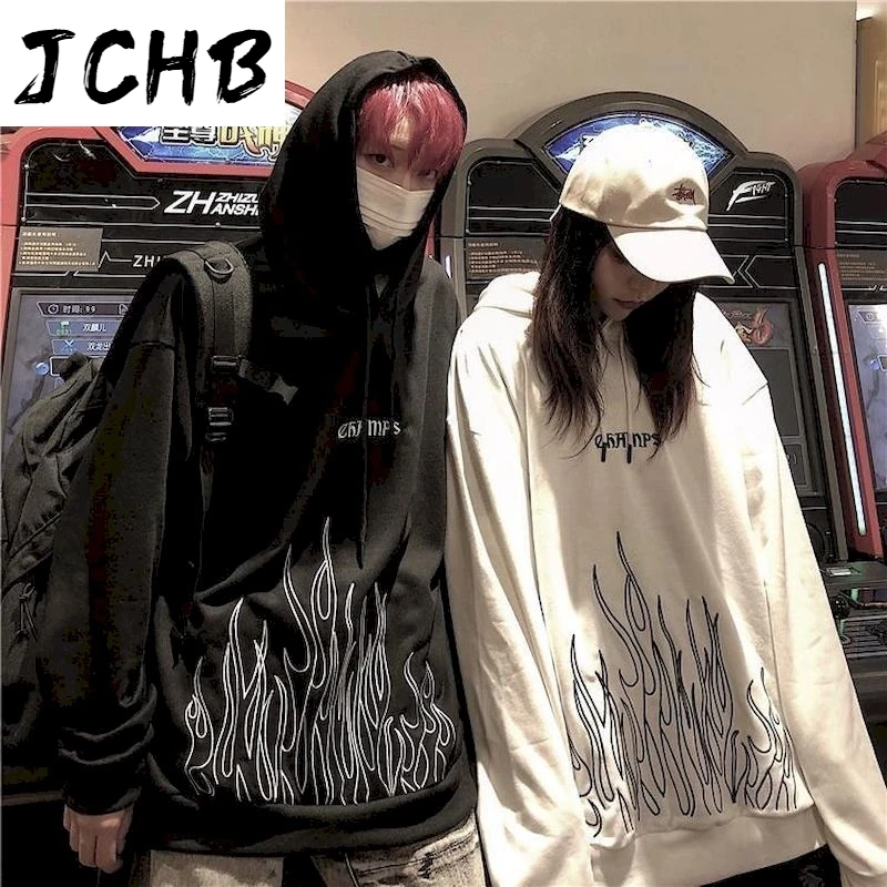 

2021 Punk Goth Oversized Sweatshirt Hoodies Women Hoodie South Korea Retro Dark Flame Embroidery Pullover Hooded Trend Streetwea