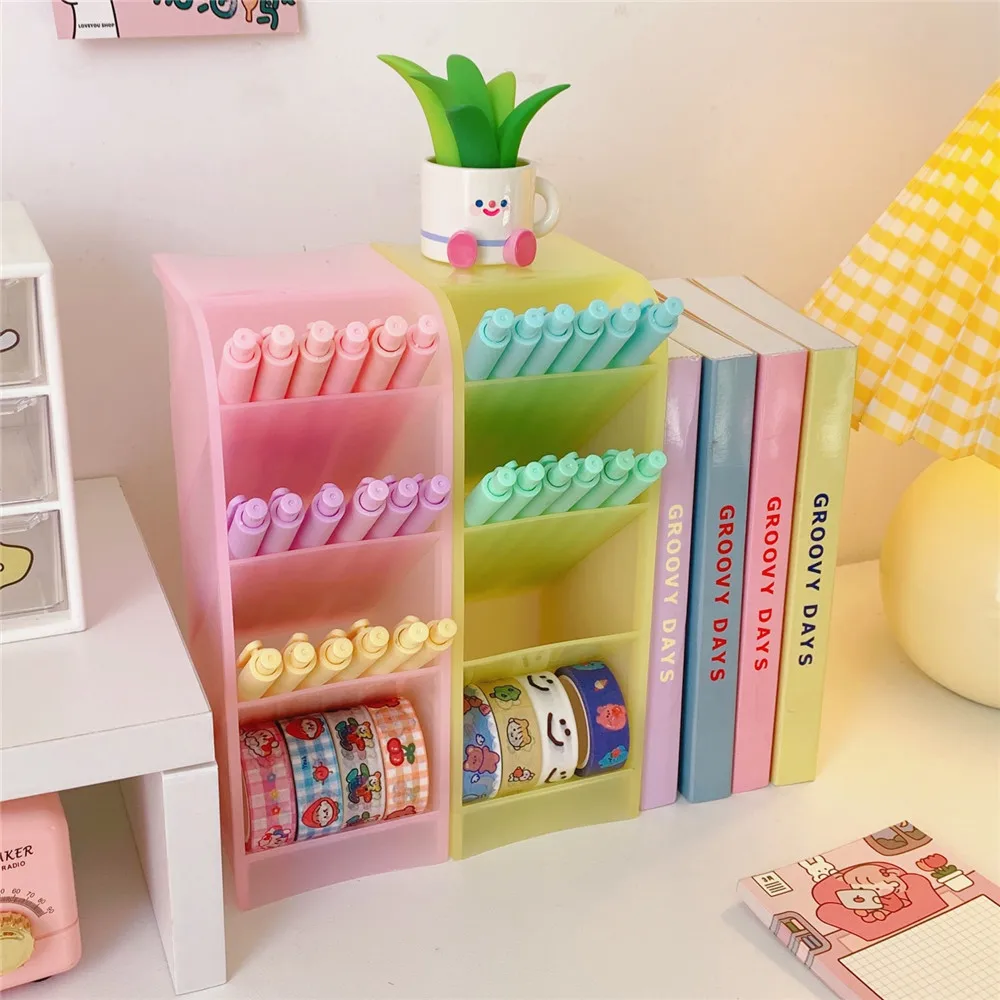 MINKYS New Kawaii Macaroon Color 4 Gird Desktop Organizer Pen Holder Big Size Desk Makeups Pencil Storage Box School Stationery |