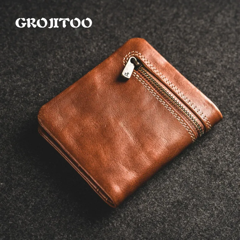 

Короткий кошелек GROJITOO из натуральной кожи для мужчин и женщин, ультратонкий бумажник на молнии из воловьей кожи ручной работы, мини-кошелек для мужчин