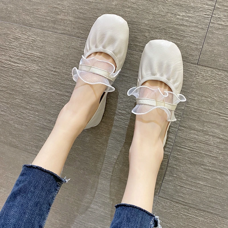 

MIYEDA Women Casual Flat Pure Color Lace Elegant Female Beige Leisure Pumps Handmade Slip-On Spring Summer Lolita Shoes
