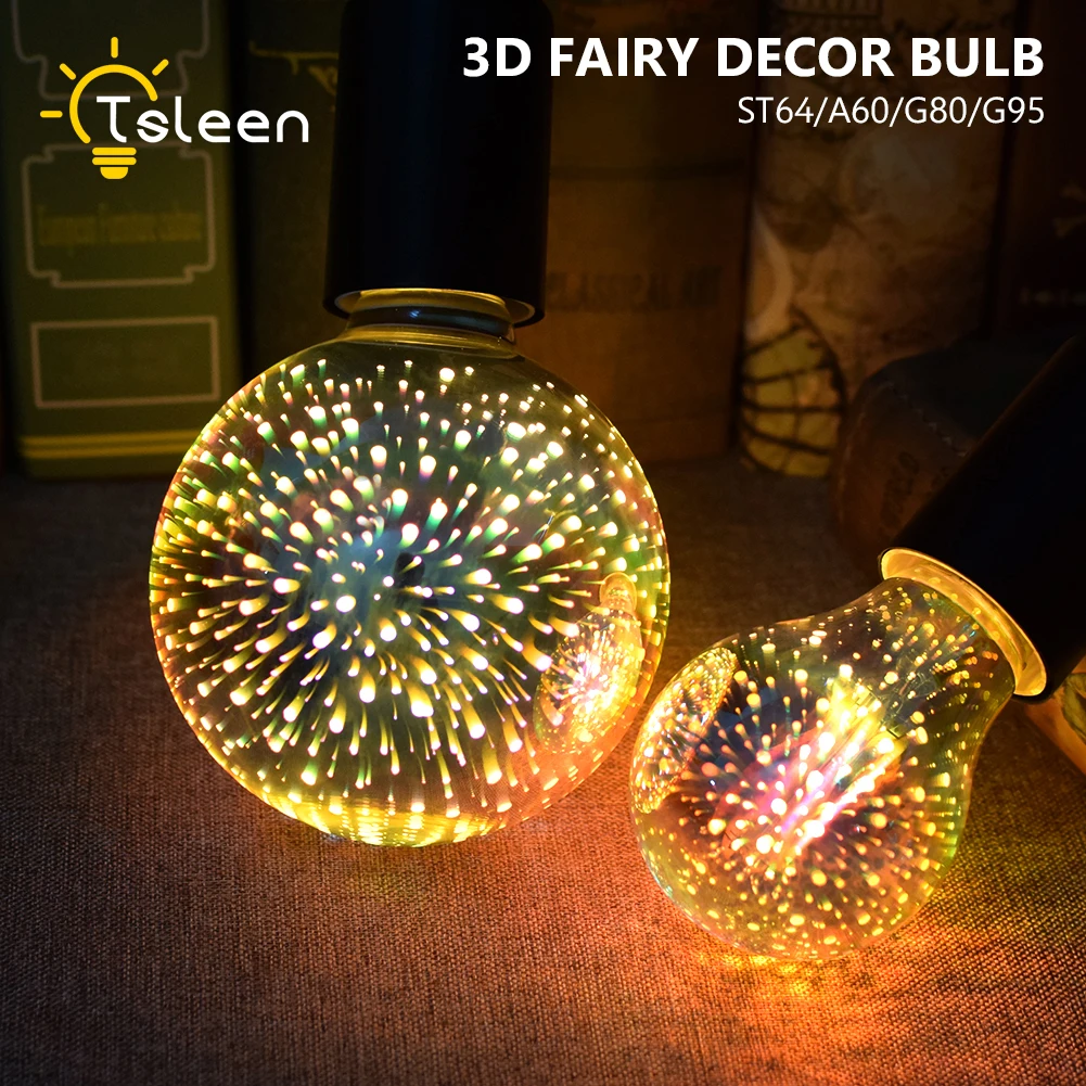 

3D Fireworks Bulb G80/A60/ST64/G95 Edison Glass Fairy Light E27 85-265V Retro Filament Light Effect LED Bulb Colorful Lamp