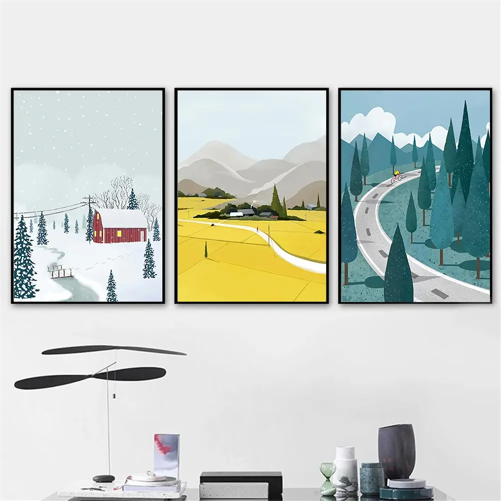 

Nordic Landscape Wall Art Poster Mountain Pine Road House Canvas Painting White Cloud Art Prints Abstract Pictures Home Decor