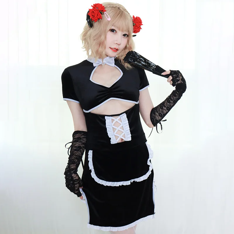 

Аниме Косплей Костюм кавайная горничная униформа черный Ципао открытый бюстгальтер с высоким разрезом бандажный Чонсам сексуальное плать...