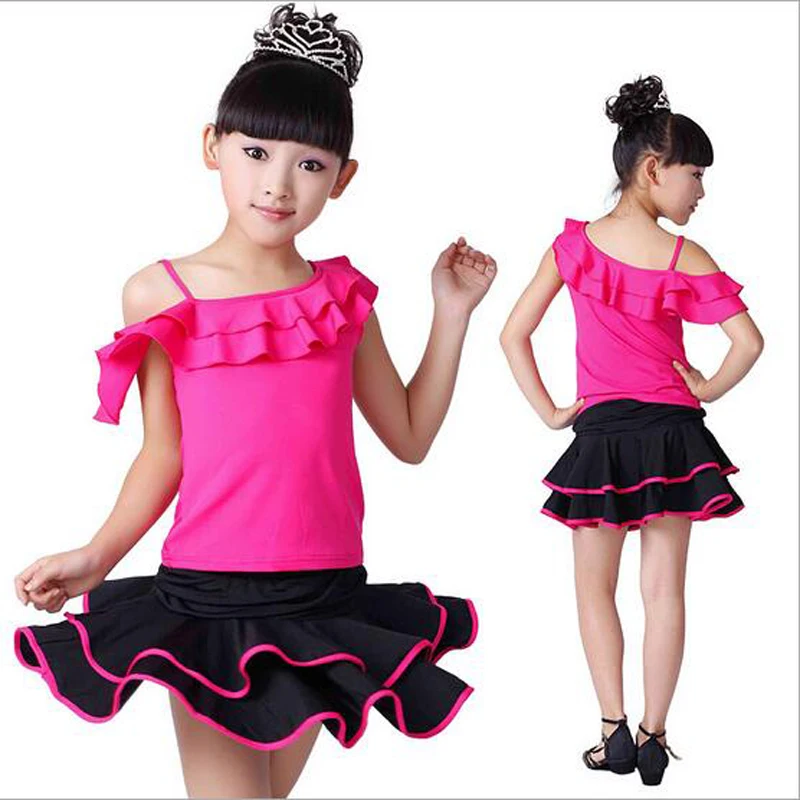 

Child Girls Dancing Clothes Oblique Tops + Skirt 2 Piece Set Dancewear Children Perform Training Latin Dance Skirts