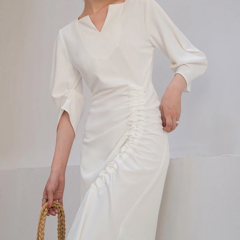 GALCAUR Drawstring Ruched женские платья три четверти рукав с высокой талией Асимметричные осенние платья Женская мода одежда