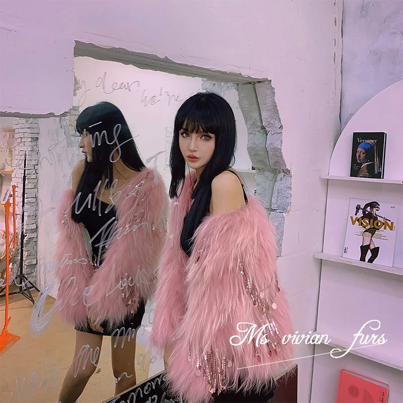 RosEvans Ins Elegant Real Import Raccoon Woven Fur Jacket Female Women Coat and Jackets 2020 New Fox Fur Sequins Tassel High End