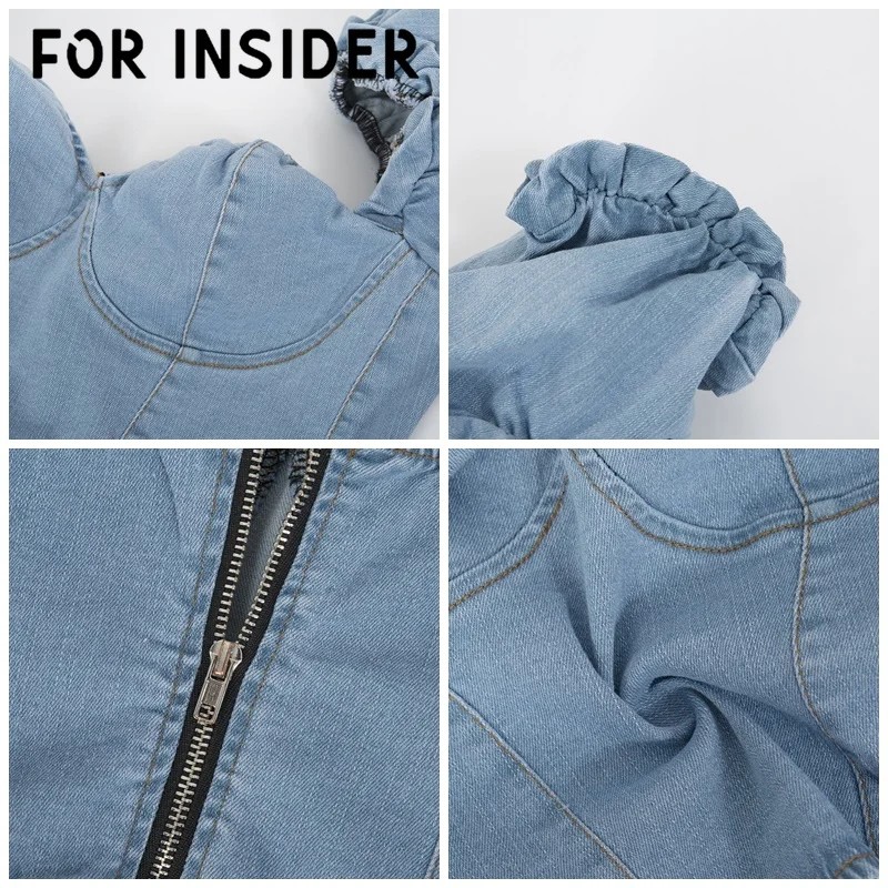 Винтажная короткая джинсовая Блуза с рукавами фонариками и рюшами женская синяя