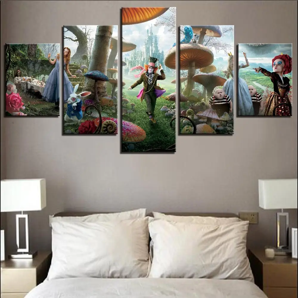 5 Pieces Wonderland Canvas Painting Movie Posters Alice In Forest Wallpapers Animal Picture For Home Kids Room Decor Abstract | Дом и сад