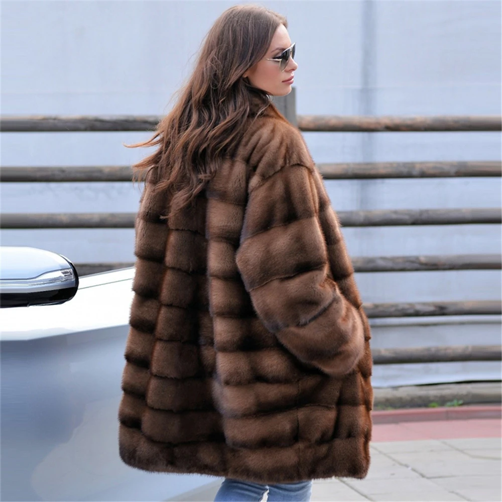 TOPFUR Fashion Brown Coat Women Winter Real Fur Coat Women Natural Mink Fur Coat Women Full Sleeves Mandarin Collar Medium
