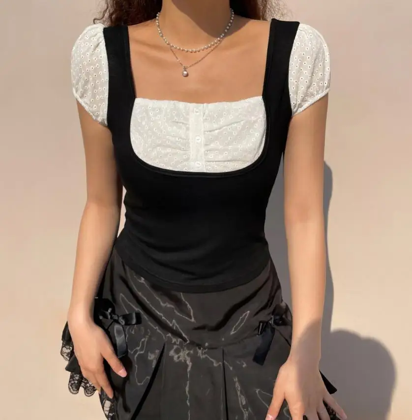 Женский короткий топ с кружевной отделкой Милый Летний пуловер в стиле ретро