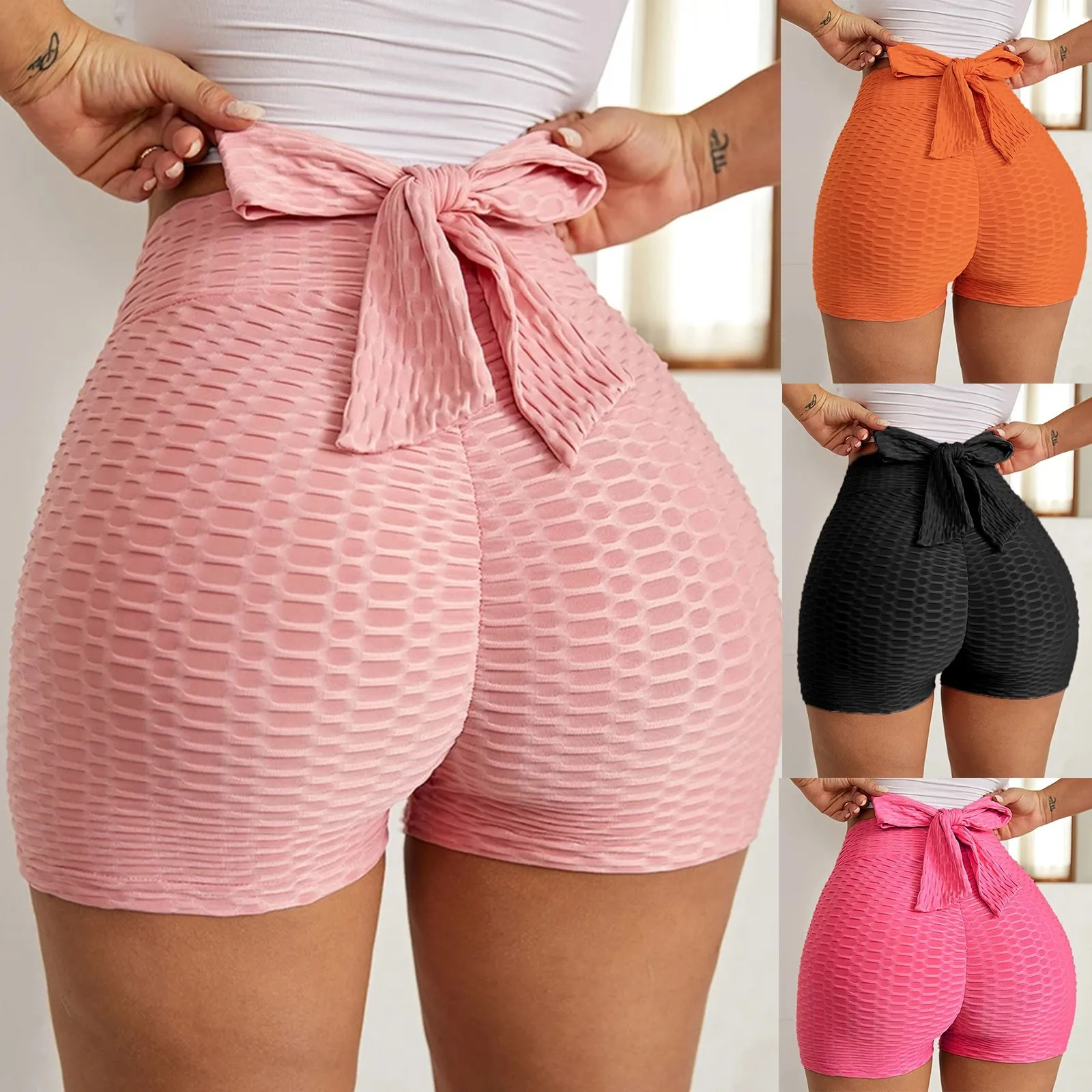 

Women's Solid Color High-waisted Bow Tie Stretchy Leggings Shorts High Waist Elasticated Seamless Fitness Leggings Shorts R5