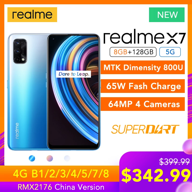 Realme X7 5G 8 ГБ ОЗУ 128 Гб ПЗУ MTK Dimensity 800U 65 Вт Superdart Fash Charge 64MP AI Quad Camera Multi Language Play