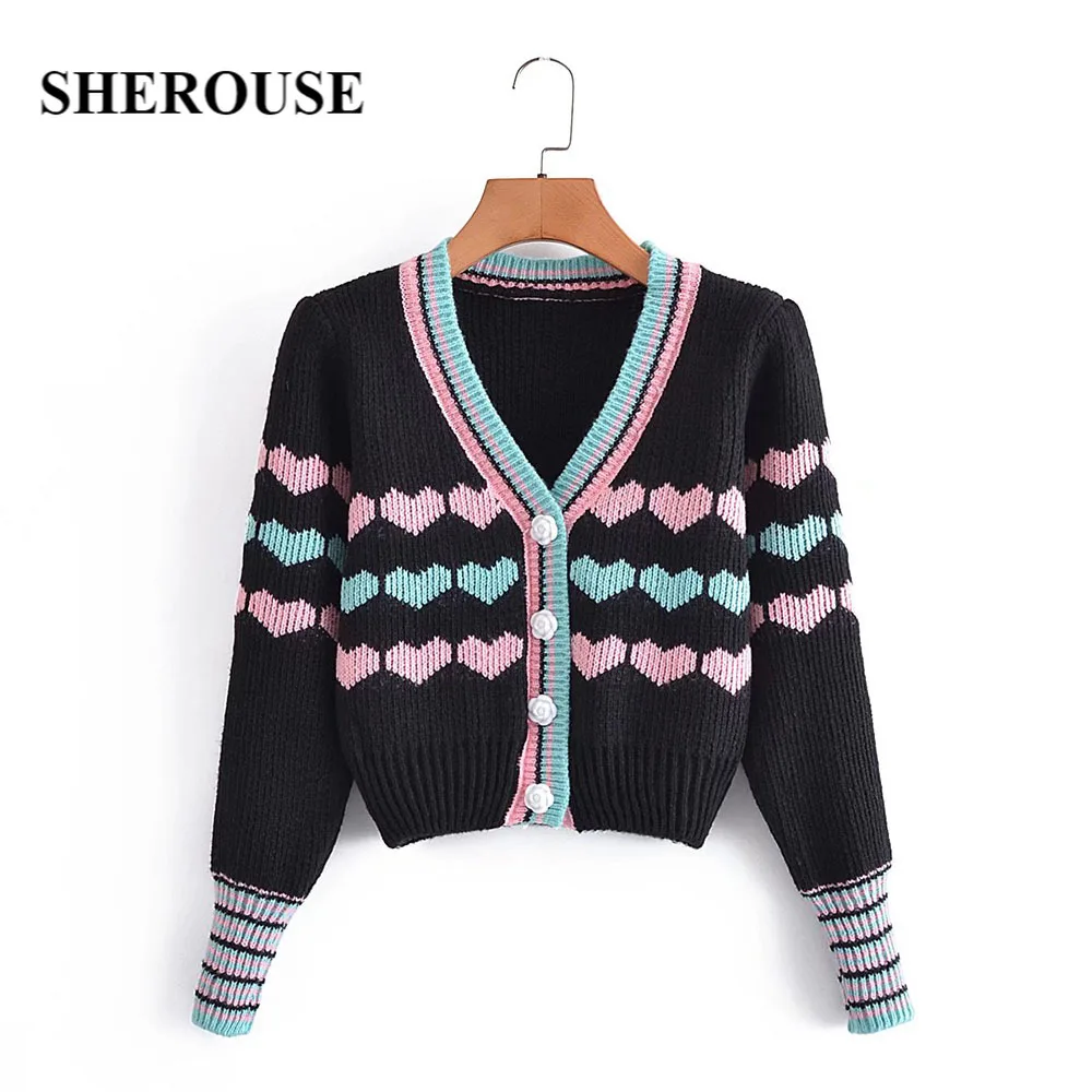 

SHEROUSE Women Fashion Kawaii Knitted Cardigan Long Cuff Sleeves V-Neckline Vintage Woman Knit Sweater Chic Lady Tops