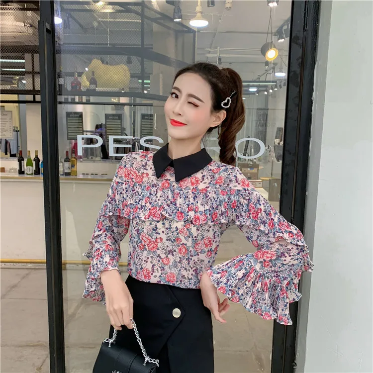 Spring Sweet Style Loose Print Blouse Women Shirts Chiffon Fashion Brand Korean Clothes Flare Sleeve Ruffles Floral Ladies Tops | Женская