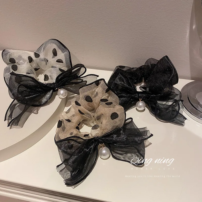 

Модная простая индивидуальная модная резинка для волос в Корейском стиле с жемчужинами и бантом из газовой ткани кольцо для волос с большим...
