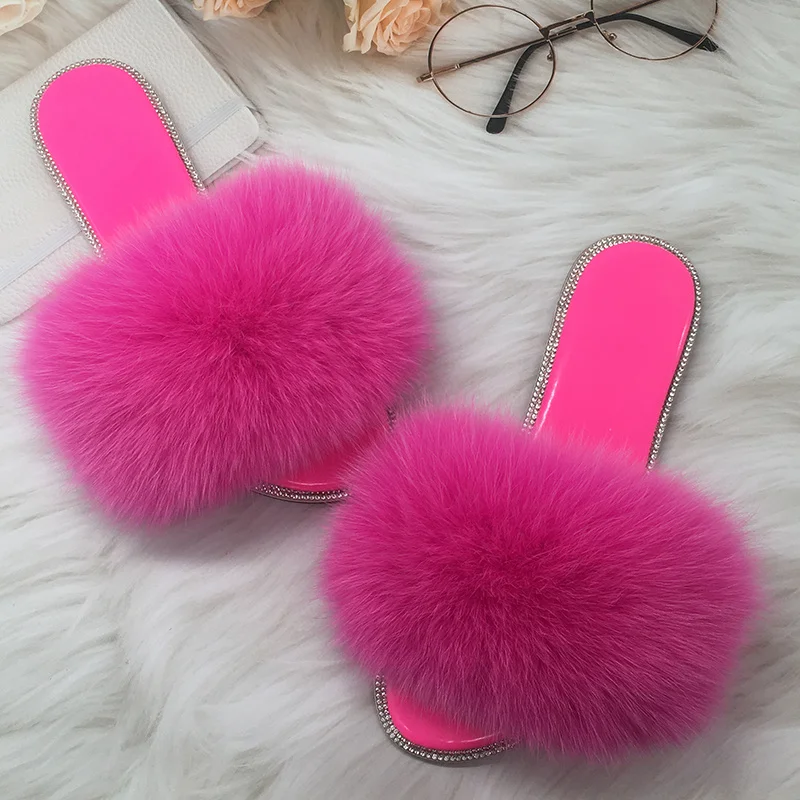 Summer Women Slippers Home Fluffy Slippers Luxury Female Furry Slides Rhinestone Crystal Sandals Ladies Shoe With Fur Slippers