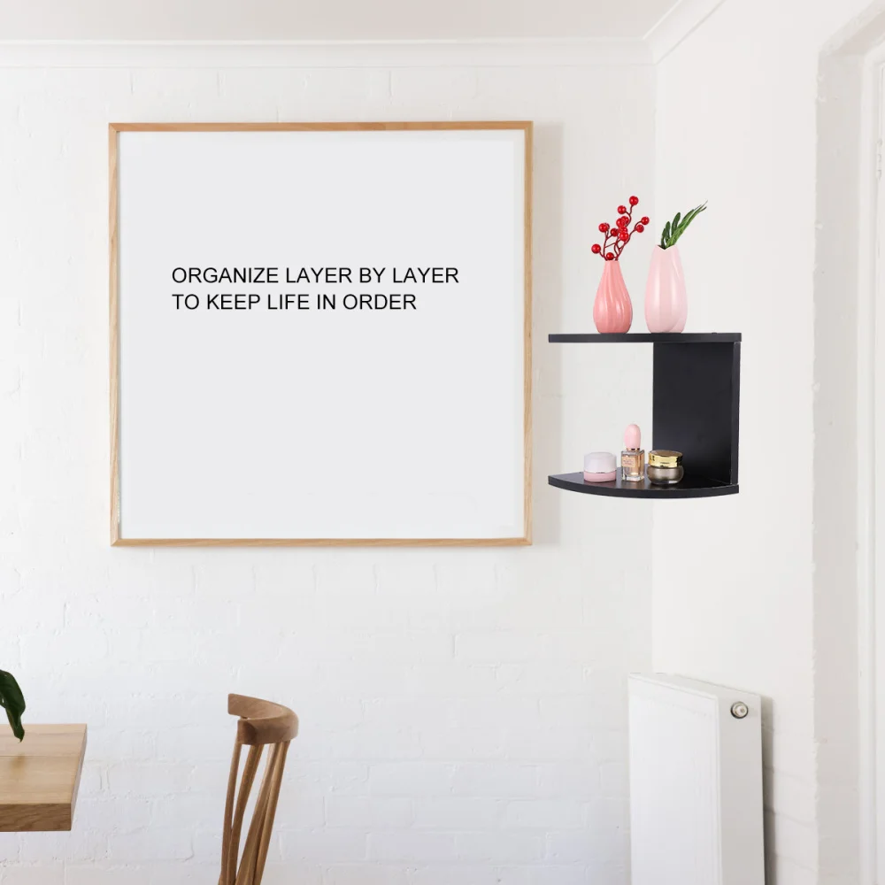 

1pc Wooden Wall Corner Storage Rack Holder Corner Shelf Wall Angle Triangle Rack Wall-mounted Corner Organizer (Black 2 Layes 1.