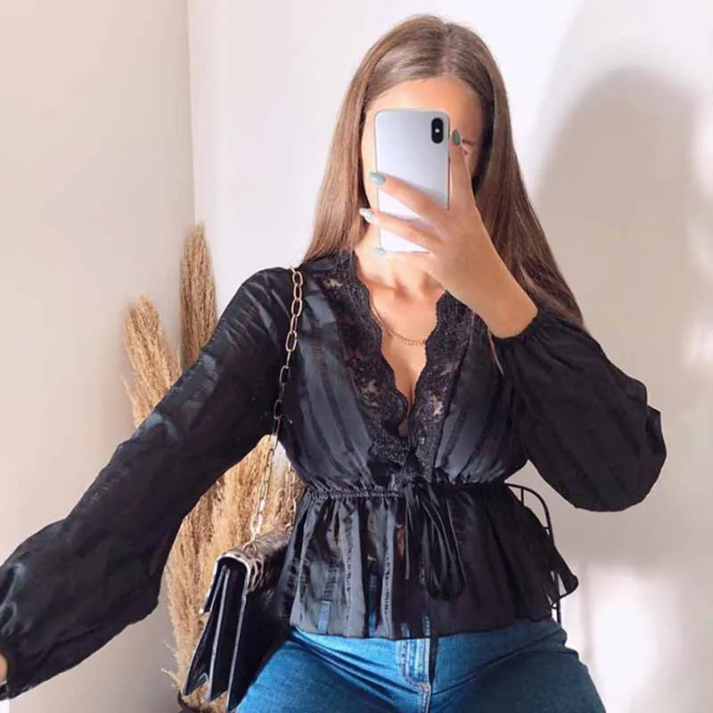 

Women Lantern Sleeve Shirt V Neck Patchwork Lace Tops Casual Black Bandage Blouse 2021 Drawstring Pullover Blouse Autumn