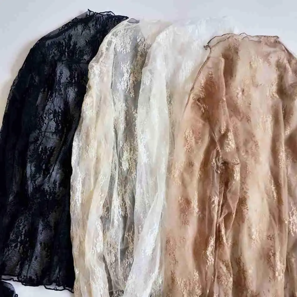 

Summer Women Lace Floral Embroidery Blouses Shirt Ladies Sexy Blouses Tops Black Shirt Mesh See-through Transparent Elegant G6s5