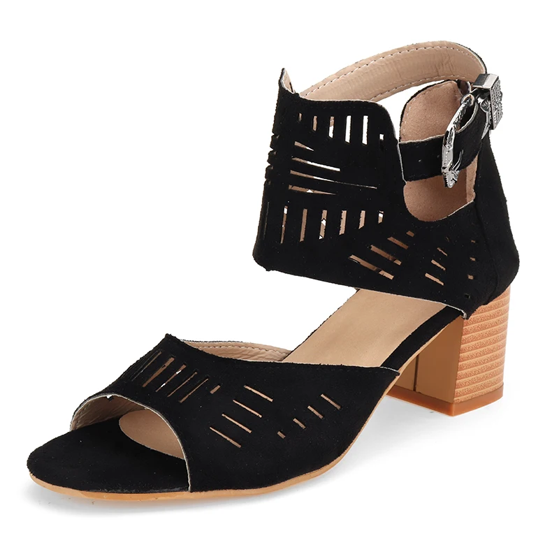 

Nis Vintage Style Hollow Out Sandals Mid Heel Summer Slip-on Buckle Ladies Shoes Artificial Open Toe Casual Wedding Pumps Women