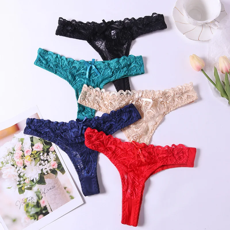 

Sexy Lace Woman Panties Cotton Crotch Solid Color Thong Low Waist Underwear Comfortable Breathable Bow Female Seamless G-string
