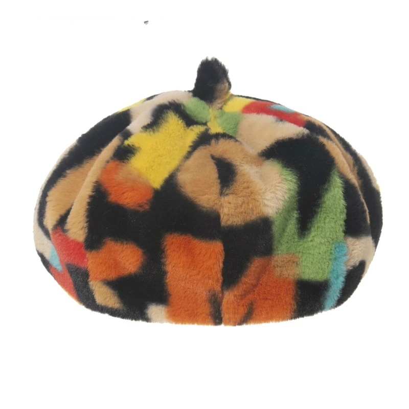 

2020 New Fashion Lady Faux Fur Rainbow Letter Pattern Berets Hats Caps Women Winter Gorros Mujer